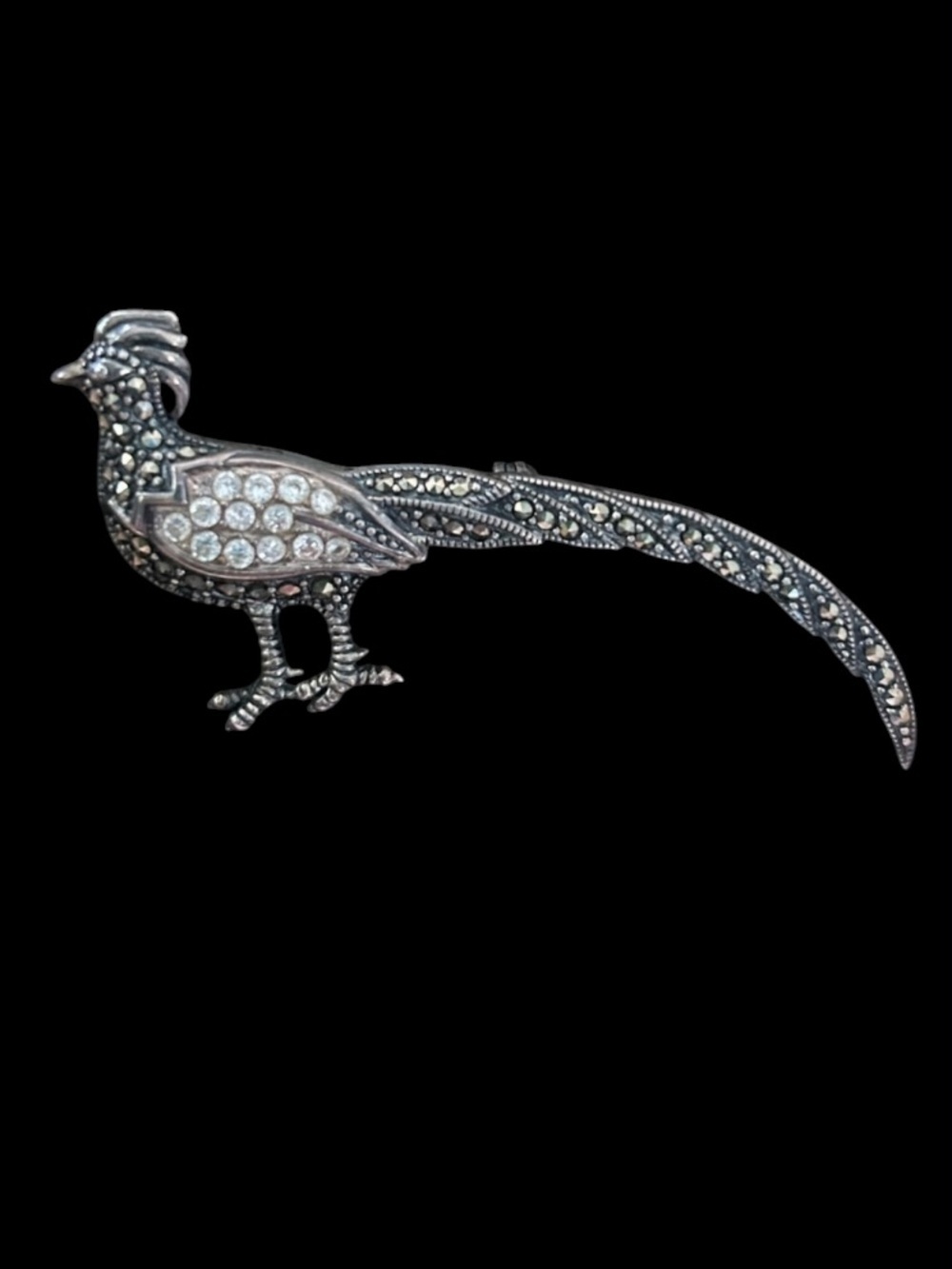 Vintage Sterling Silver Marcasites & Crystals Pheasant Bird Brooch